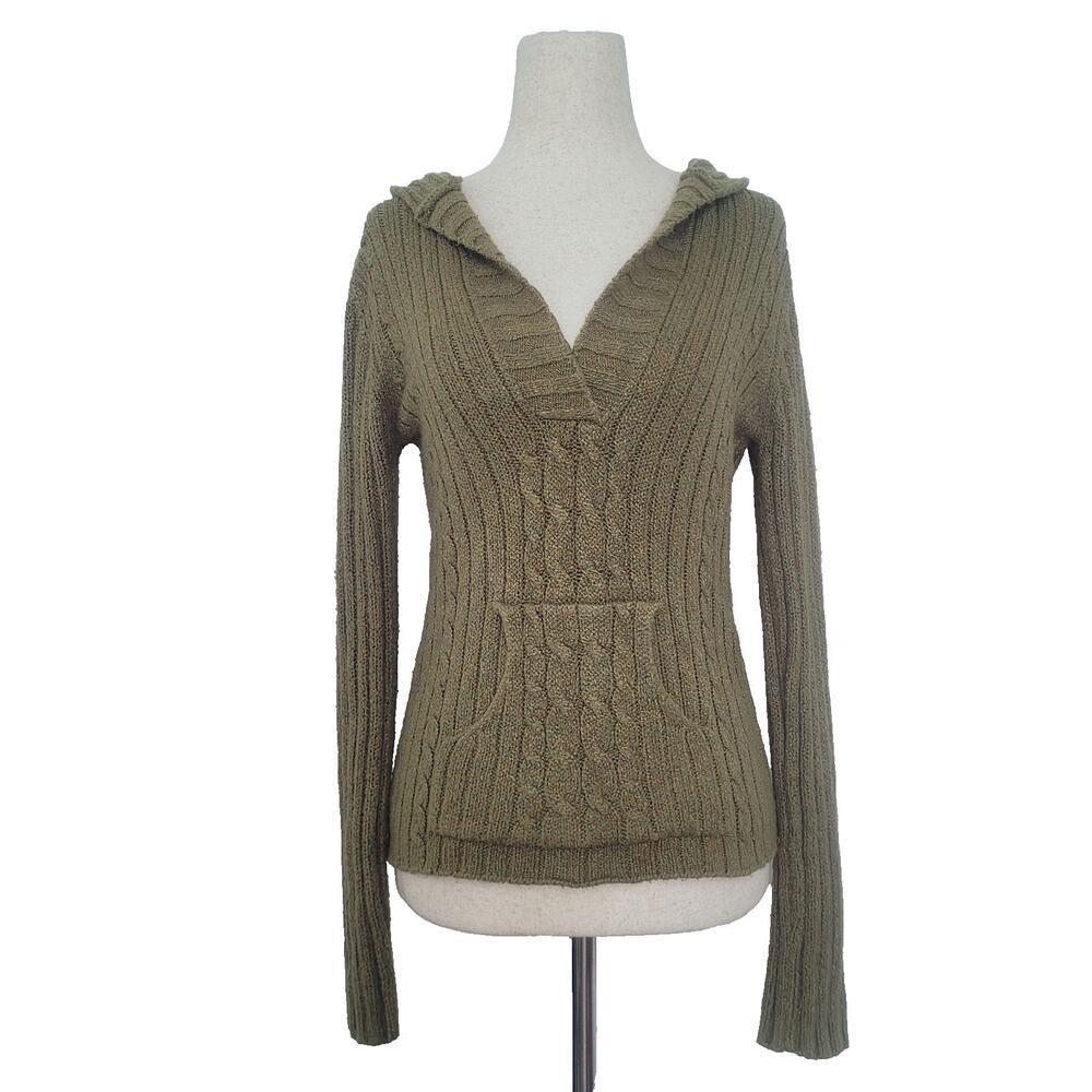 Y2K Maurices Chunky Cable Knit Hooded V-Neck Sweater Size S Green Twee Earthy